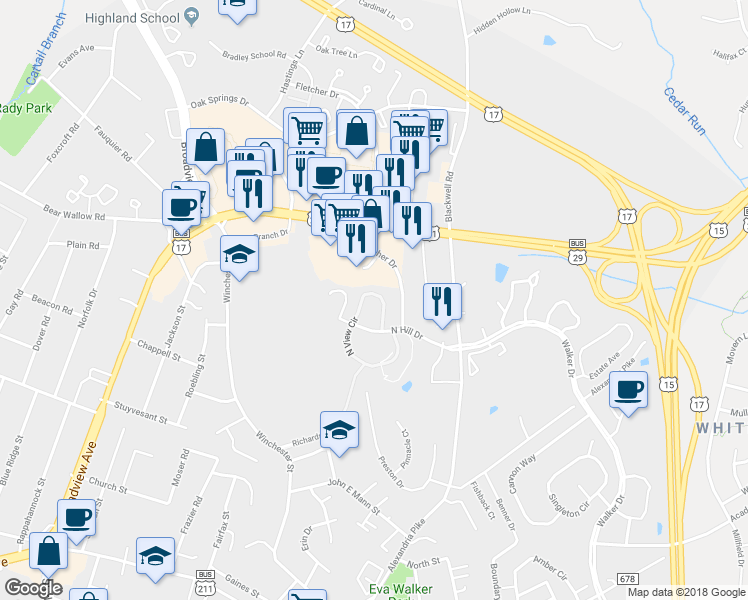 map of restaurants, bars, coffee shops, grocery stores, and more near 213 North View Circle in Warrenton