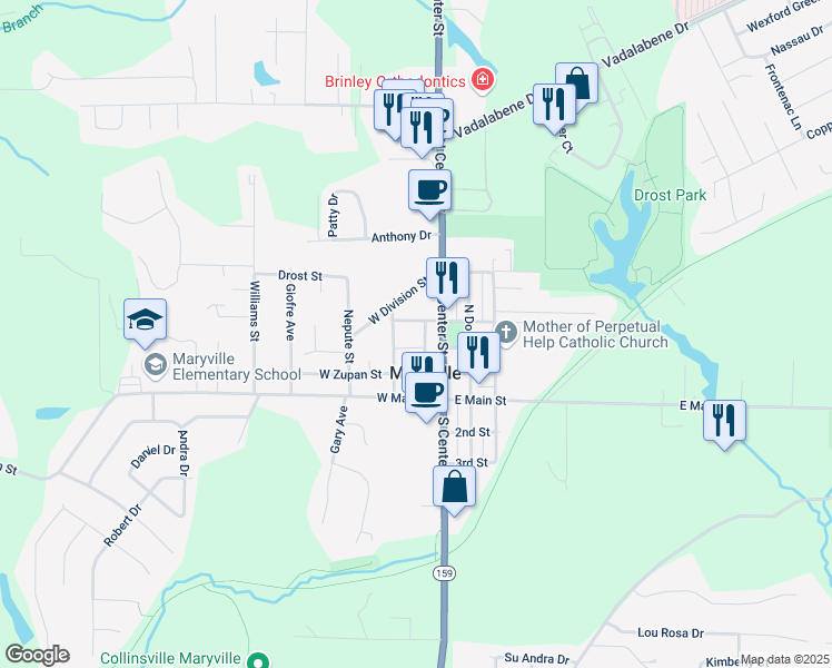 map of restaurants, bars, coffee shops, grocery stores, and more near 1 West Perry Street in Maryville