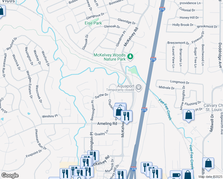 map of restaurants, bars, coffee shops, grocery stores, and more near 11869 Charlemagne Drive in Maryland Heights