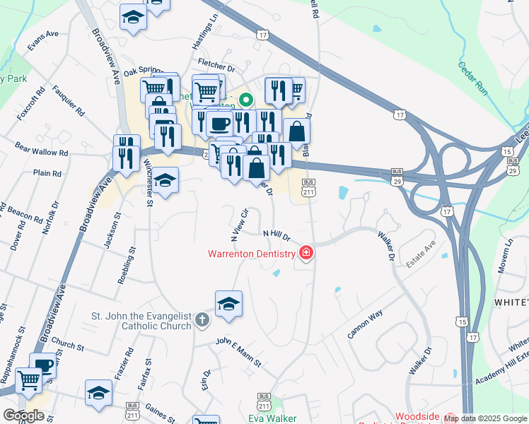 map of restaurants, bars, coffee shops, grocery stores, and more near 228 North View Circle in Warrenton