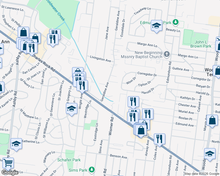 map of restaurants, bars, coffee shops, grocery stores, and more near 3736 Geraldine Avenue in Saint Ann