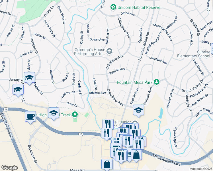 map of restaurants, bars, coffee shops, grocery stores, and more near 7320 Caballero Avenue in Colorado Springs