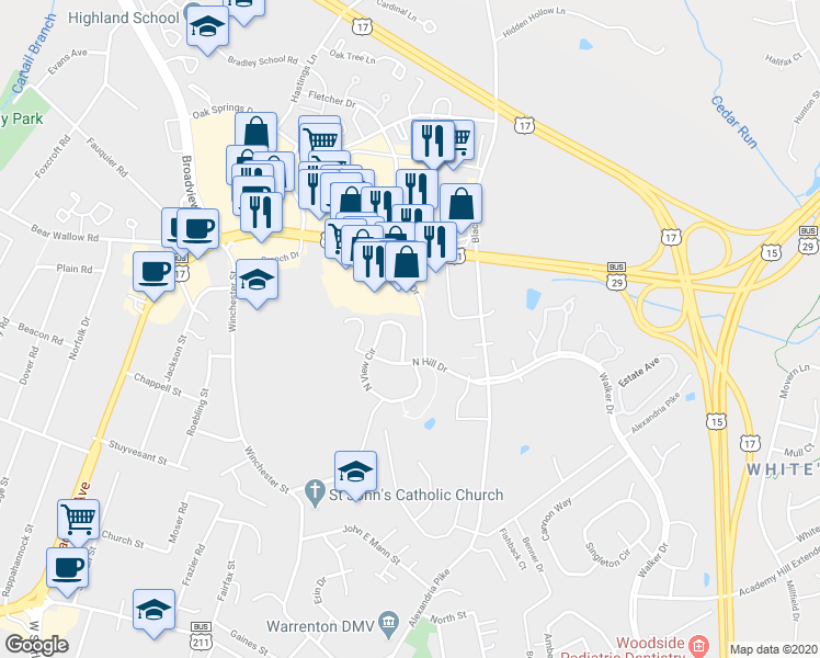 map of restaurants, bars, coffee shops, grocery stores, and more near 228 North View Circle in Warrenton