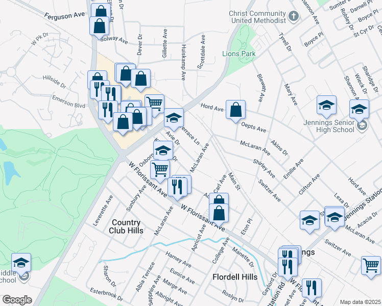 map of restaurants, bars, coffee shops, grocery stores, and more near 2620 Avie Drive in Jennings