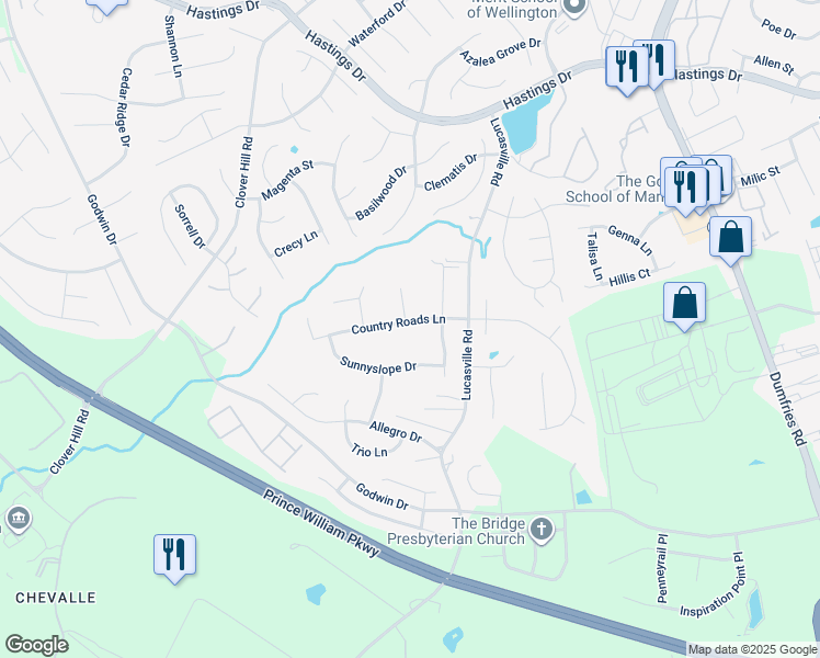 map of restaurants, bars, coffee shops, grocery stores, and more near 9507 Country Roads Lane in Manassas