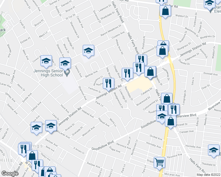 map of restaurants, bars, coffee shops, grocery stores, and more near 8932 Lucerne Ct in St Louis