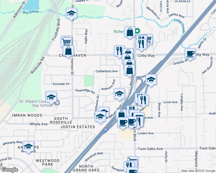 map of restaurants, bars, coffee shops, grocery stores, and more near 210 Ardmore Avenue in Roseville