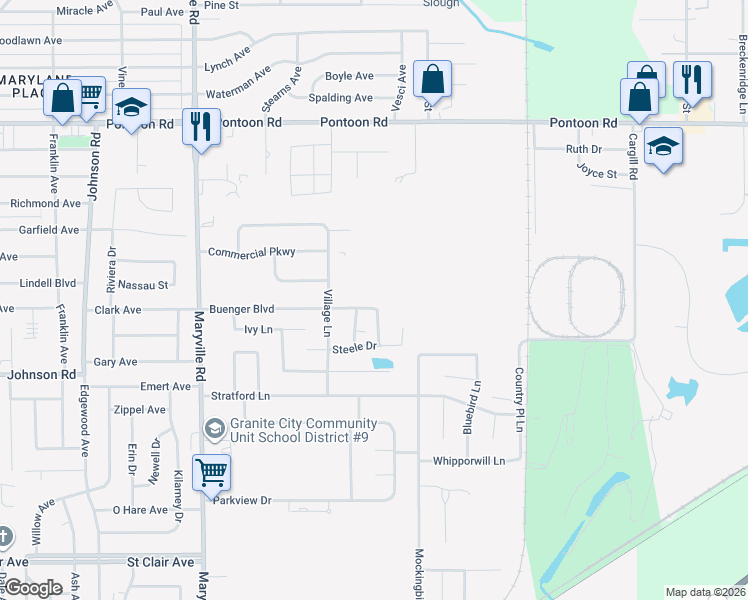 map of restaurants, bars, coffee shops, grocery stores, and more near 2625 Buenger Boulevard in Granite City