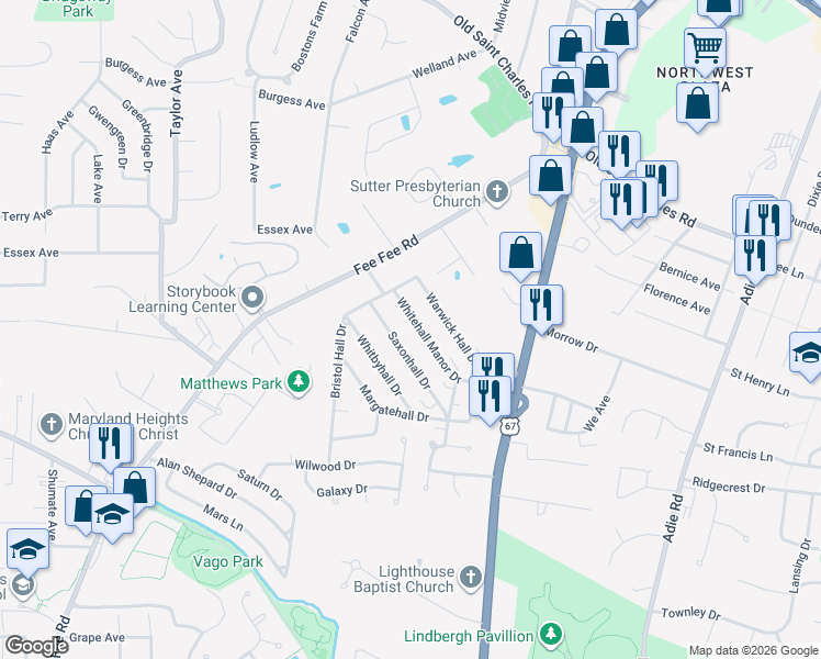 map of restaurants, bars, coffee shops, grocery stores, and more near 11045 Whitehall Manor Drive in Bridgeton