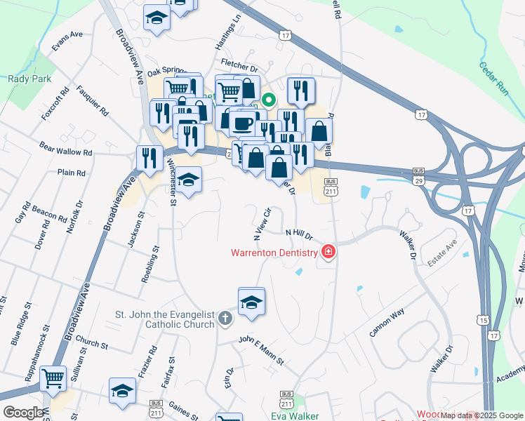 map of restaurants, bars, coffee shops, grocery stores, and more near 198 North View Circle in Warrenton