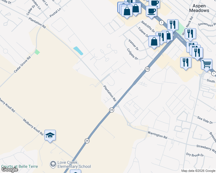 map of restaurants, bars, coffee shops, grocery stores, and more near 18971 Gold Finch Cove in Rehoboth Beach