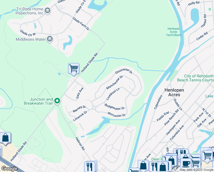 map of restaurants, bars, coffee shops, grocery stores, and more near 19505 Manchester Drive in Rehoboth Beach