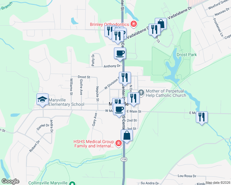 map of restaurants, bars, coffee shops, grocery stores, and more near 1 West Perry Street in Maryville