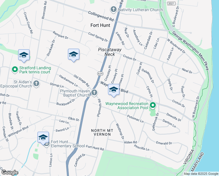 map of restaurants, bars, coffee shops, grocery stores, and more near 1301 Waynewood Boulevard in Alexandria