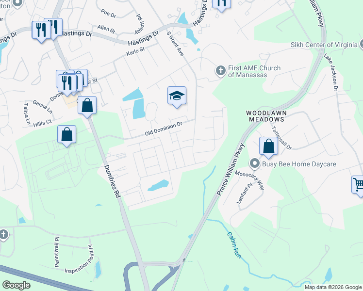 map of restaurants, bars, coffee shops, grocery stores, and more near 8664 Underhill Lane in Manassas