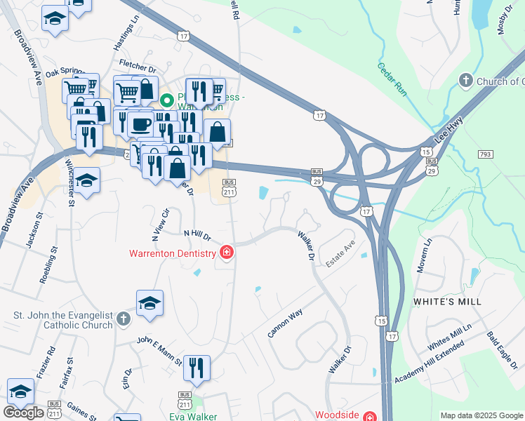 map of restaurants, bars, coffee shops, grocery stores, and more near 43 Morton Ridge in Warrenton