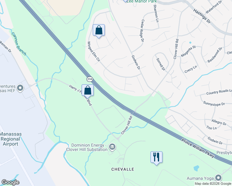 map of restaurants, bars, coffee shops, grocery stores, and more near 10552 Coral Berry Dr in Manassas