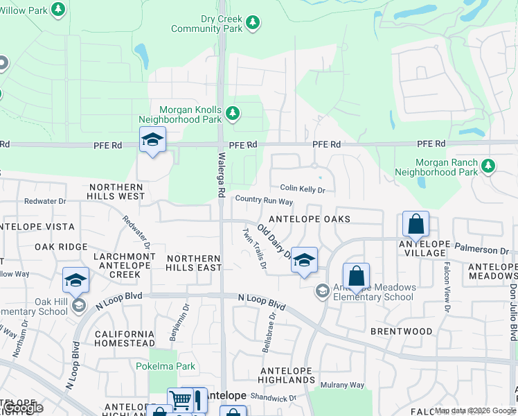 map of restaurants, bars, coffee shops, grocery stores, and more near 8616 Valley Rim Way in Antelope