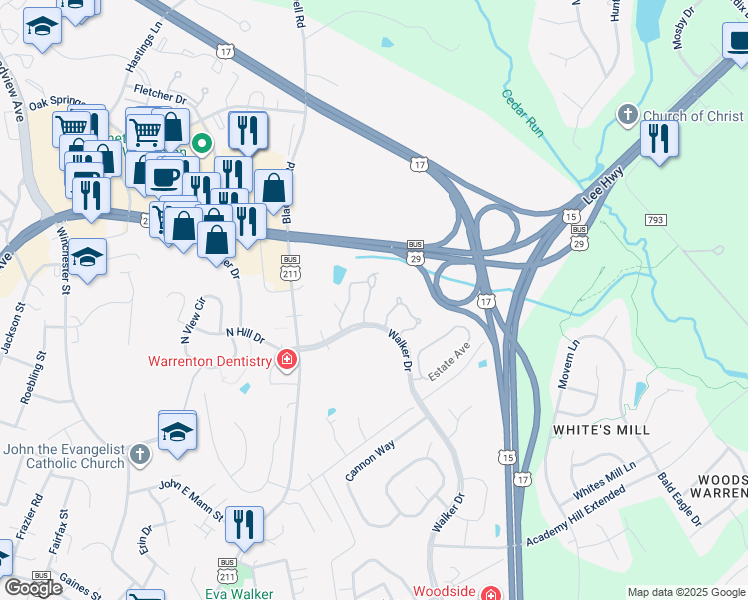 map of restaurants, bars, coffee shops, grocery stores, and more near 560 Highland Towne Lane in Warrenton