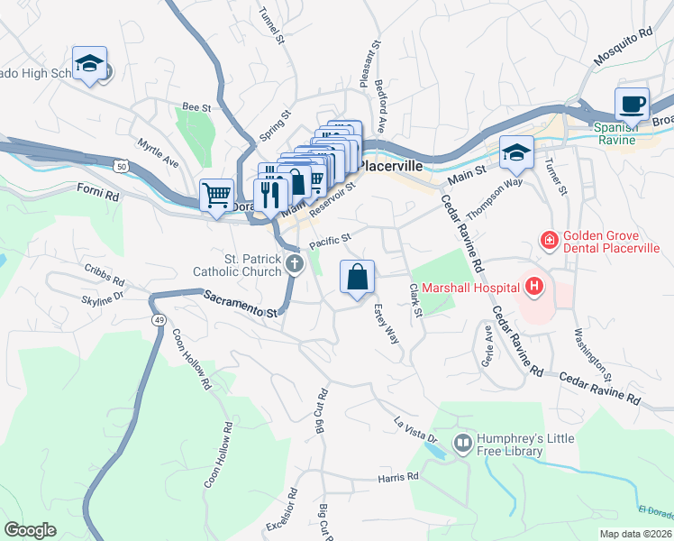map of restaurants, bars, coffee shops, grocery stores, and more near 806 Blue Bell Court in Placerville