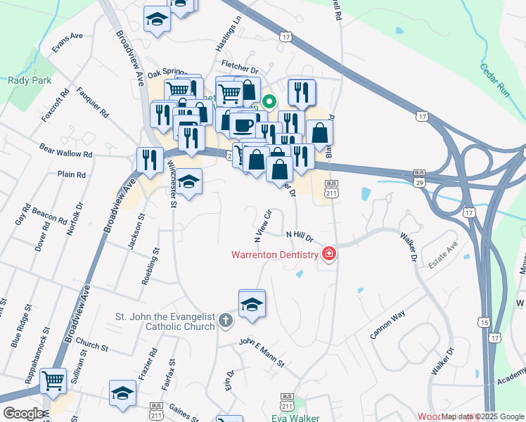 map of restaurants, bars, coffee shops, grocery stores, and more near 198 North View Circle in Warrenton