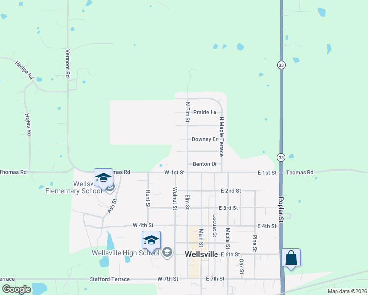 map of restaurants, bars, coffee shops, grocery stores, and more near 304 North Elm Street in Wellsville