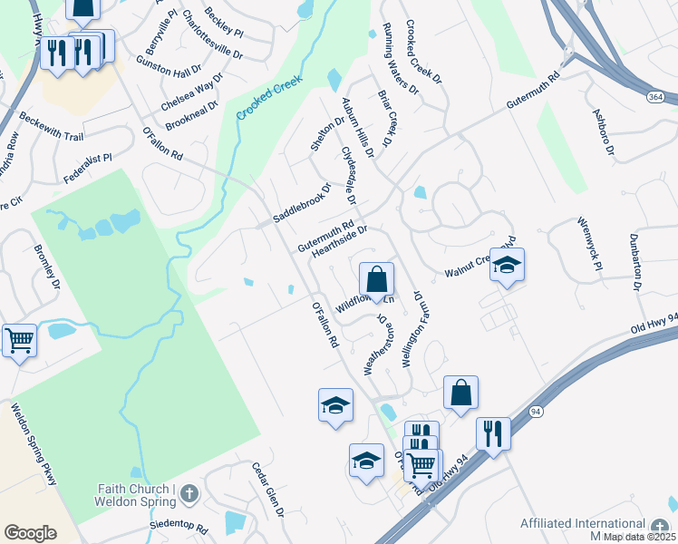 map of restaurants, bars, coffee shops, grocery stores, and more near 208 Country Hollow Court in Saint Charles