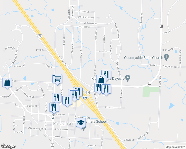 map of restaurants, bars, coffee shops, grocery stores, and more near 735 Harr-Grove in Peculiar