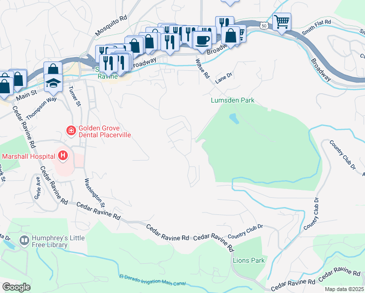 map of restaurants, bars, coffee shops, grocery stores, and more near 3380 Blairs Lane in Placerville
