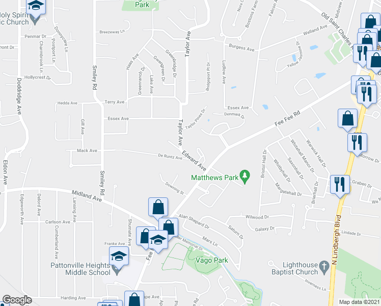 map of restaurants, bars, coffee shops, grocery stores, and more near 11279 Edward Avenue in Maryland Heights