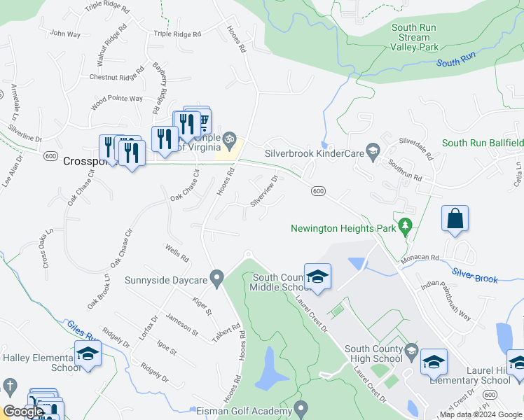 map of restaurants, bars, coffee shops, grocery stores, and more near 8797 Brook Estates Court in Lorton