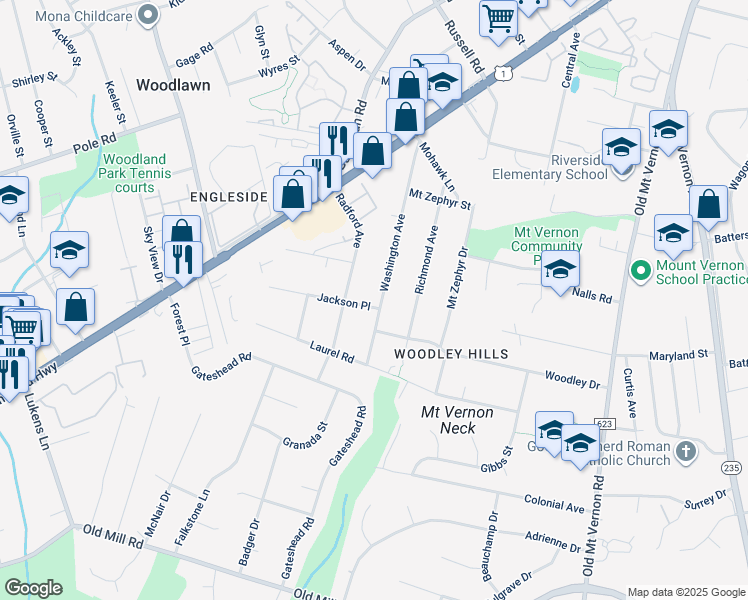 map of restaurants, bars, coffee shops, grocery stores, and more near 8520 Washington Avenue in Alexandria