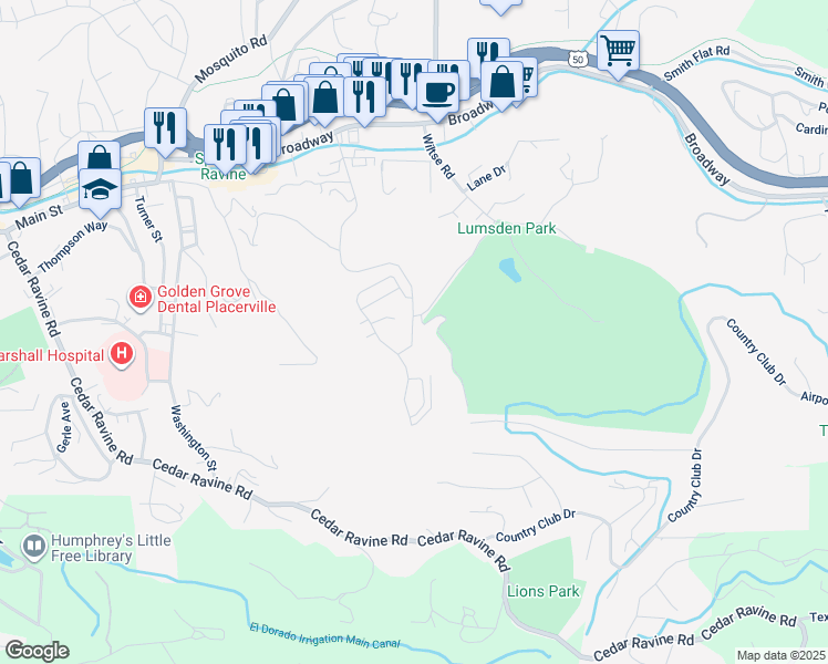 map of restaurants, bars, coffee shops, grocery stores, and more near 3389 Blairs Lane in Placerville