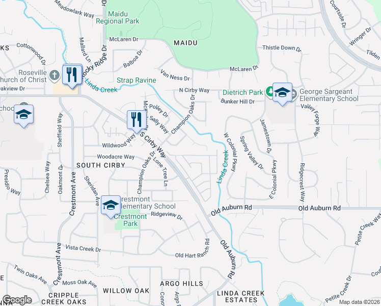 map of restaurants, bars, coffee shops, grocery stores, and more near 103 Tanya Way in Roseville