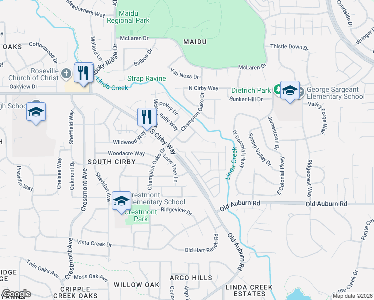map of restaurants, bars, coffee shops, grocery stores, and more near 157 Rimma Way in Roseville