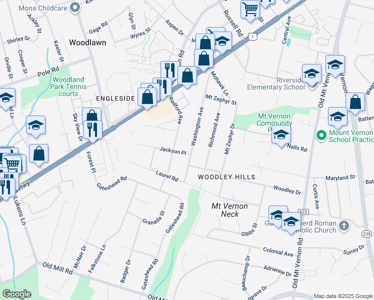 map of restaurants, bars, coffee shops, grocery stores, and more near 8520 Washington Avenue in Alexandria