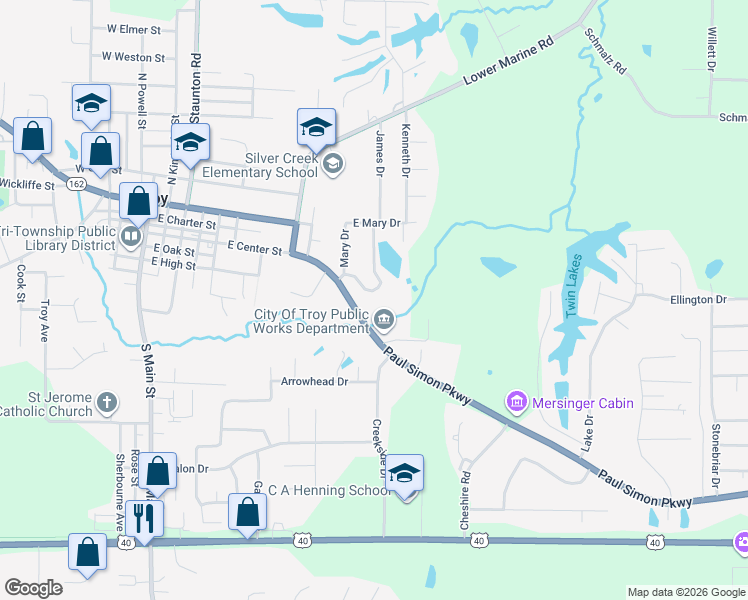 map of restaurants, bars, coffee shops, grocery stores, and more near 406 East Center Street in Troy
