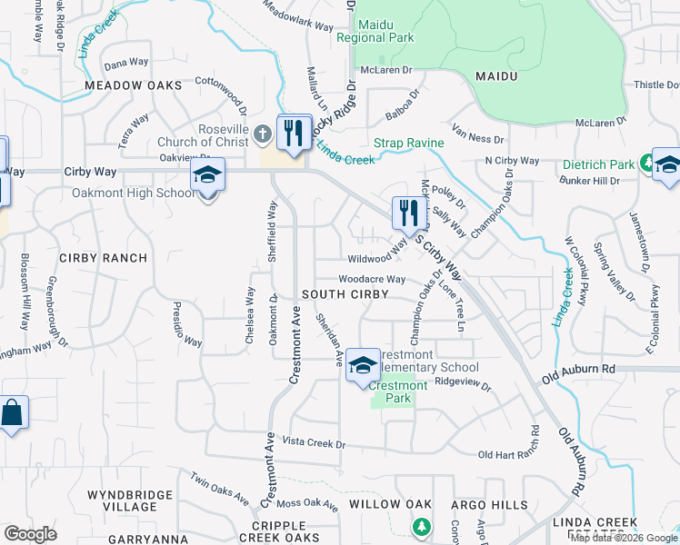 map of restaurants, bars, coffee shops, grocery stores, and more near 1815 Woodacre Way in Roseville