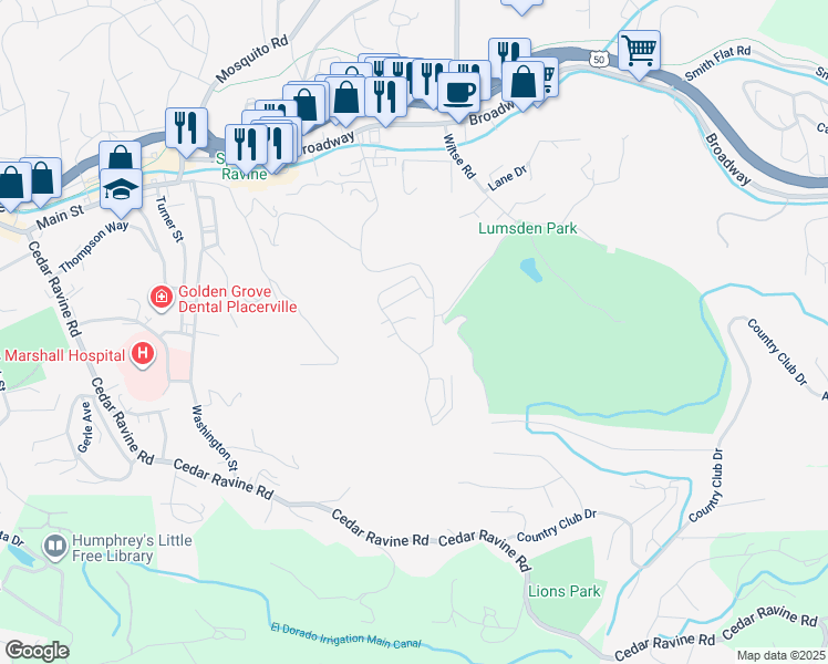 map of restaurants, bars, coffee shops, grocery stores, and more near 3380 Blairs Lane in Placerville