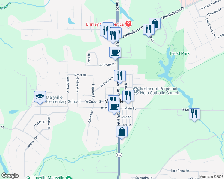 map of restaurants, bars, coffee shops, grocery stores, and more near 23 West Perry Street in Maryville