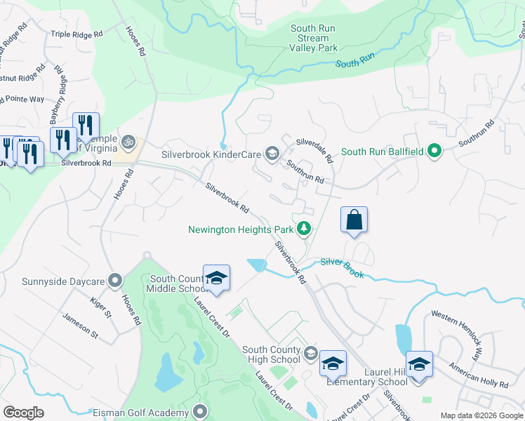 map of restaurants, bars, coffee shops, grocery stores, and more near 8616 Silverbrook Road in Lorton