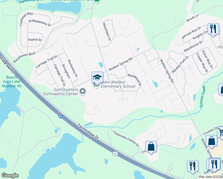 map of restaurants, bars, coffee shops, grocery stores, and more near 1433 Wilkesboro Drive in O'Fallon
