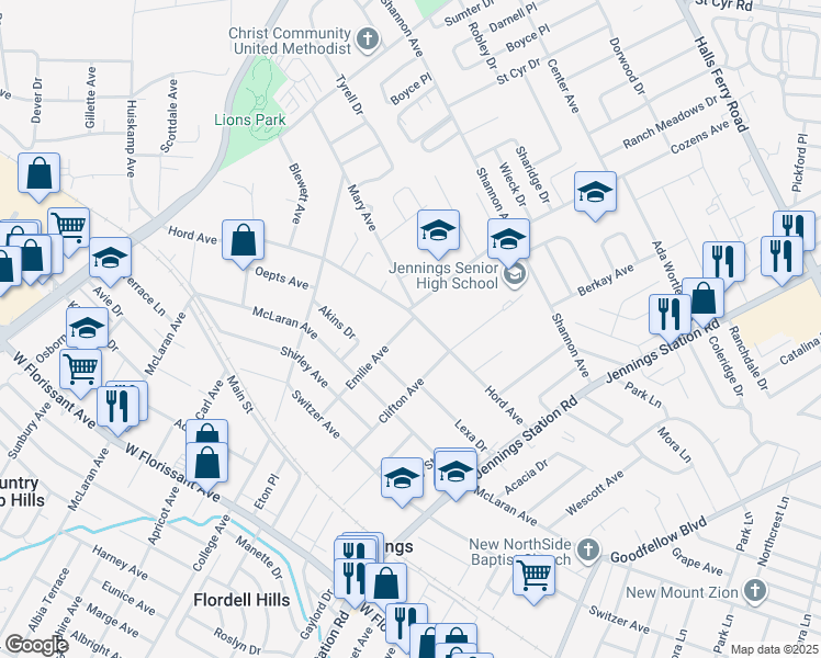 map of restaurants, bars, coffee shops, grocery stores, and more near 2330 Hord Avenue in Jennings