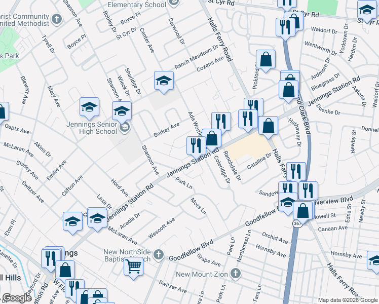map of restaurants, bars, coffee shops, grocery stores, and more near 8920 Lucerne Court in Jennings