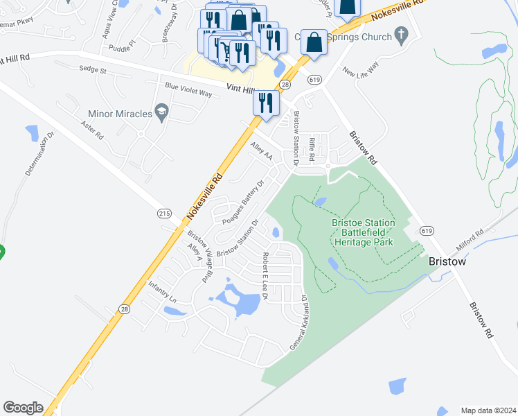 map of restaurants, bars, coffee shops, grocery stores, and more near 10604 Bristow Station Drive in Bristow