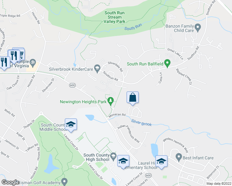 map of restaurants, bars, coffee shops, grocery stores, and more near 8514 Golden Ridge Court in Lorton