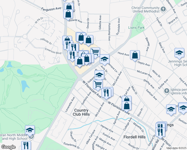 map of restaurants, bars, coffee shops, grocery stores, and more near 8331 Osborn Drive in Jennings