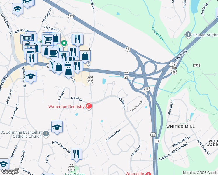map of restaurants, bars, coffee shops, grocery stores, and more near 521 Highland Towne Lane in Warrenton