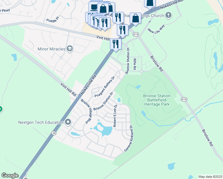 map of restaurants, bars, coffee shops, grocery stores, and more near 10604 Bristow Station Drive in Bristow