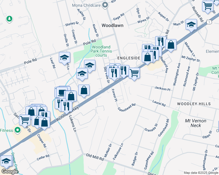 map of restaurants, bars, coffee shops, grocery stores, and more near 8547 Richmond Highway in Mount Vernon